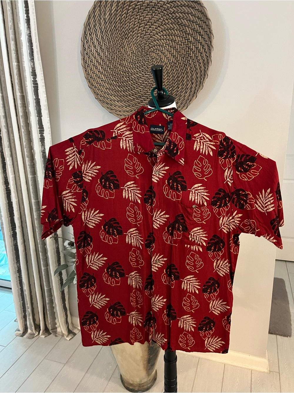 Puritan Red Short-Sleeve Tropical Leaf Button-Down Shirt